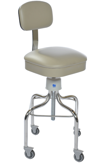 Anesthetist stainless steel stool with back, square seat and casters.