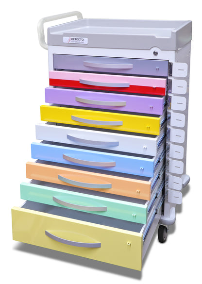 Rescue Series Pediatric Medical Cart, 9 multicolor drawers