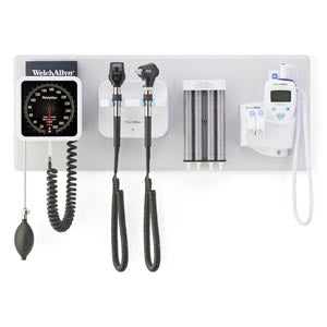 Green Series 777 Integrated Wall System with Coaxial LED Ophthalmoscope, MacroView Basic LED Otoscope, BP Aneroid, Ear Specula Dispenser, and SureTemp Plus Thermometer